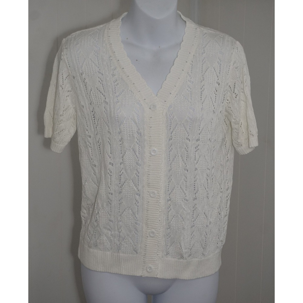 Yekaty Small White Pointelle Knit Short Sleeve Cardigan Sweater